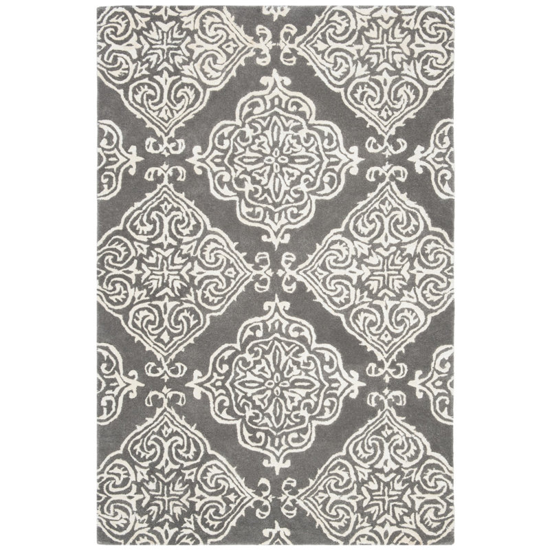 Bernon Hand Tufted Viscose/Wool Ikat Rug in Dark Gray, Rectangle 4' x 6'