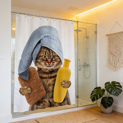 Funny Cat Shower Curtain, Waterproof Polyester Fabric Cute Animal Bathroom Curtain with 12 Hooks, 71 x 71 Inch, Playful Cat Print for Home Bathroom Decor