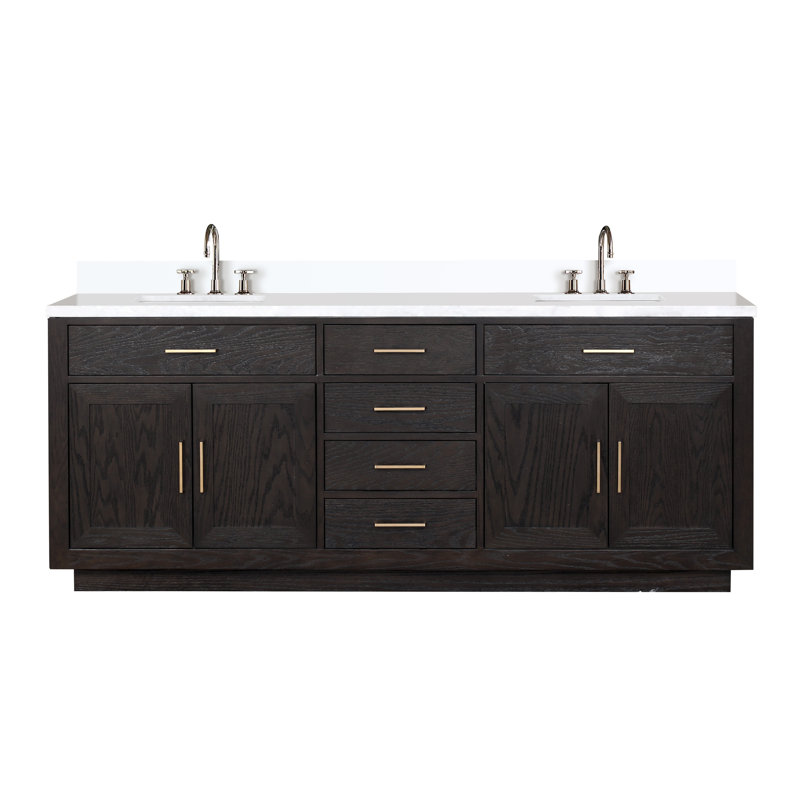 Abbey 84 in W x 22 in D Oak Double Bath Vanity and Chrome Faucet Set, White Cultured Marble, Black Oak