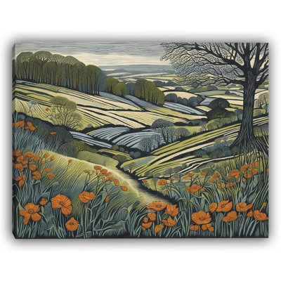Amber Bloom Hills - Scenic Floral Hillside Canvas Art