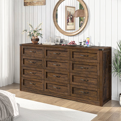 Commode de style campagnard de 63 po avec 12 tiroirs, commode en bois rétro avec prise de courant intégrée, commode pour chambre à coucher, salon, couloir