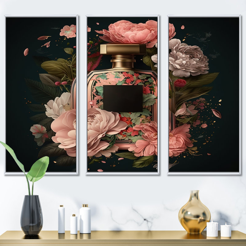 «Elegant Floral Perfume Bottle I», reproduction sur toile 3 pièces, H 28 po x l 36 po x P 1 po, Cadre blanc