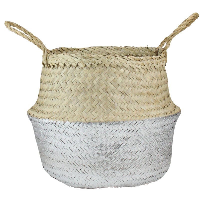 Belly Wicker Basket with Handles, 13" H x 11" W x 11" D, Silver