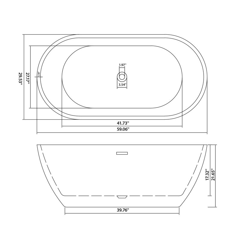 59" × 30" Freestanding Bathtub with Overflow, White Acrylic Soaking Tub, Center Drain & Overflow, Modern Oval Stand Alone Bathtub for Primary Bathroom, Deep Soaking Acrylic Tub