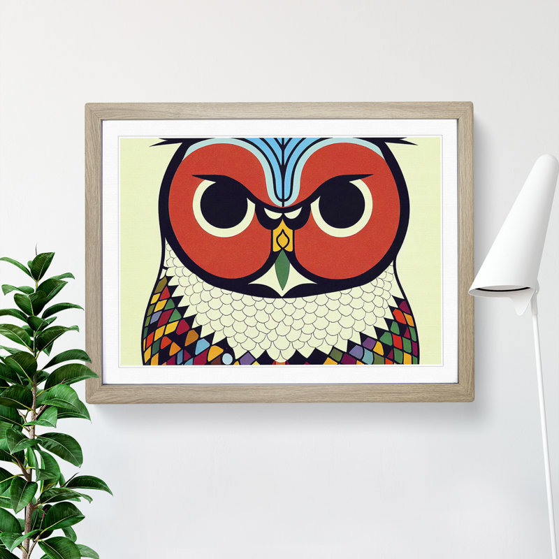 XH1022-6536X Owl Art Retro Vol.5 - Single Picture Frame Print, 46cm H x 64cm W x 2cm D, Oak