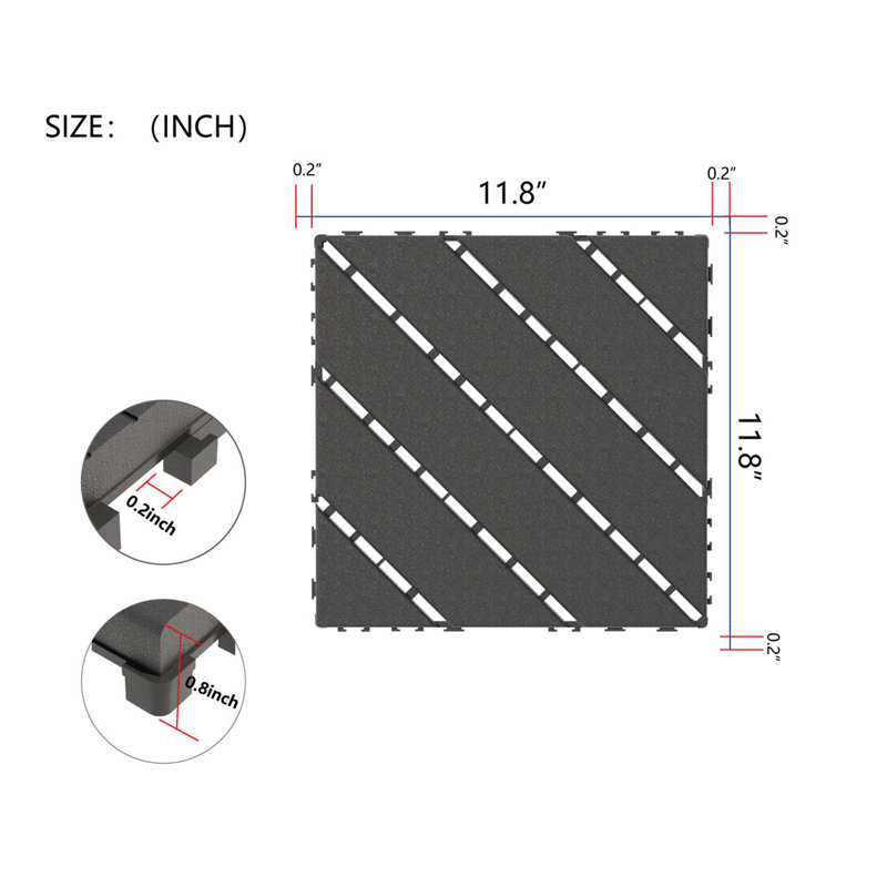 Carreaux de terrasse en plastique emboîtables, paquet de 44 tuiles de patio, 12 po x 12 po carré extérieur imperméable à l'eau et à l'eau, tuiles de terrasse pour le patio au bord de la piscine, gris