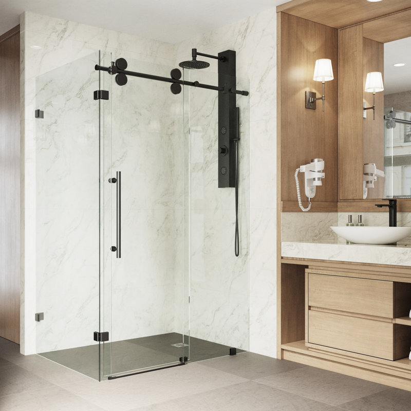 Winslow 46" W x 35" D x 74" H Sliding Frameless Shower Enclosure with 3/8  Clear Glass, Matte Black