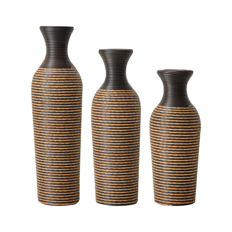 Vases de sol en rotin en PVC tressé à la main (lot de 3) – Vases décoratifs à rayures brunes de 70 cm de hauteur, parfaits pour une décoration rustique, champêtre ou bohème.