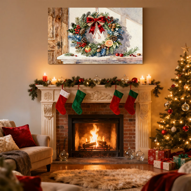 Couronne de Noël de Noël avec un arc rouge et des baies, ensemble de 3 impressions d'art sur toile, H 16 po x l 24 po