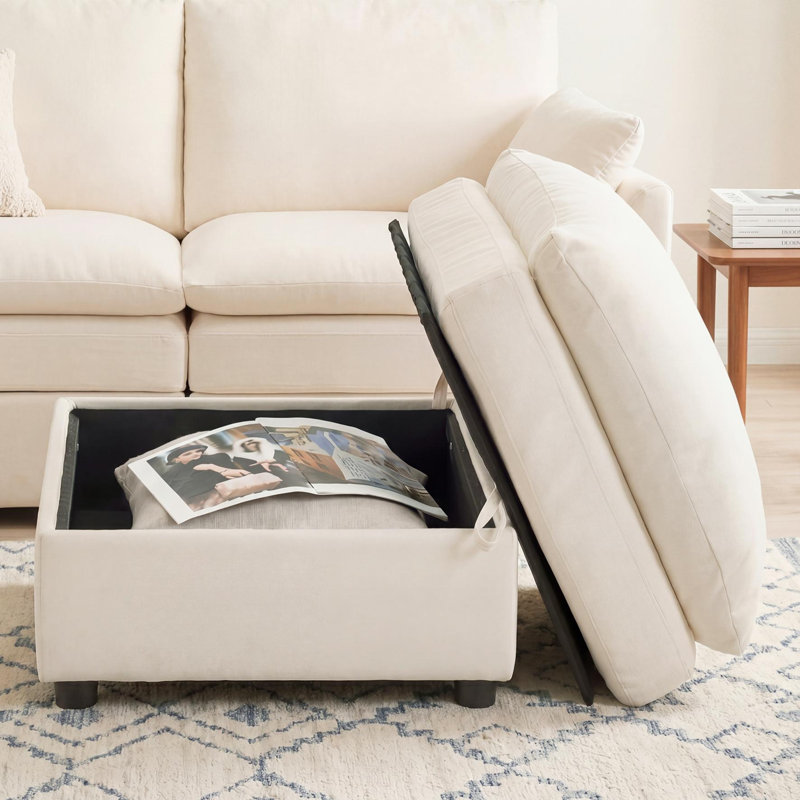 Drago 29'' W Square Upholstered Modern Ottoman, Beige
