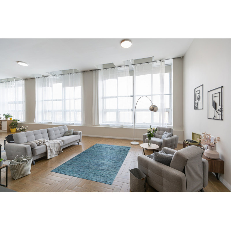 Blue Hand-Knotted Silk Horizon Woven Detail Solid Open Field Modern Contemporary Carpet Rug, 6' x 9'