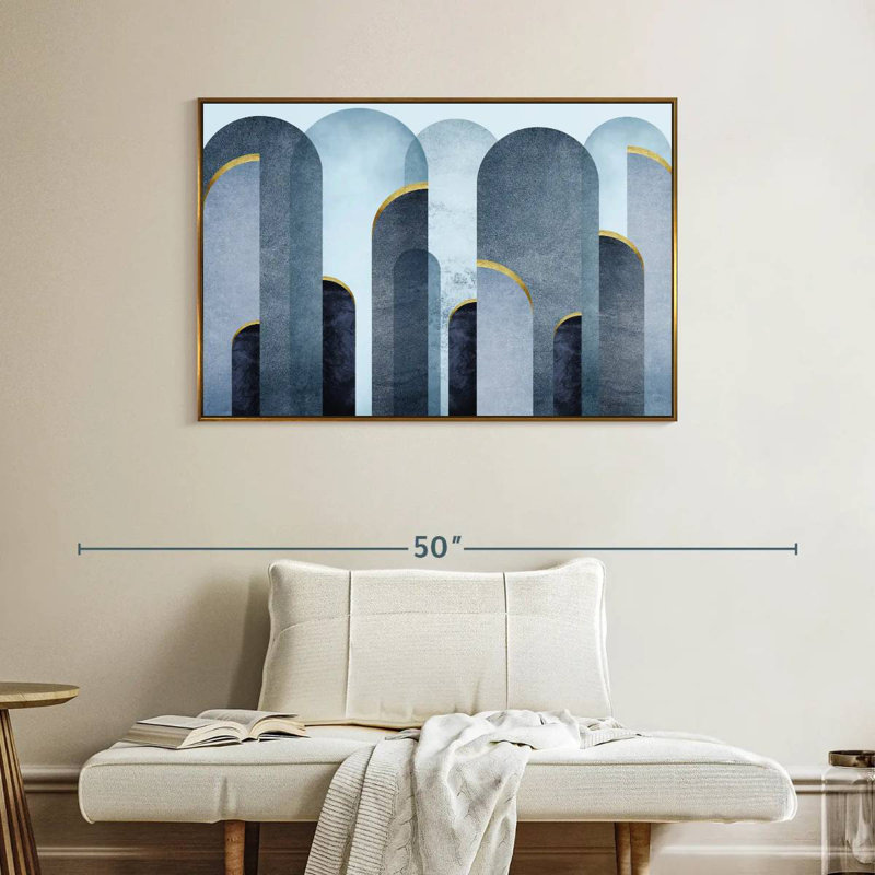 Arches bleu Mid-Century, Cadre flottant doré, 40 po x 27 po