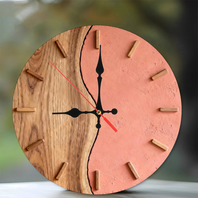 10" Round Wooden Wall Clock, Silent Quartz Movement, UV-Printed Design, Battery Operated, Coral Pink