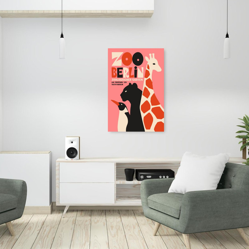 Retro Zoo Berlin Animals Abstract Bold Colorful Cat Giraffe Penguin Wildlife Wall Art Print 1 Piece Wrapped Canvas Wall Art