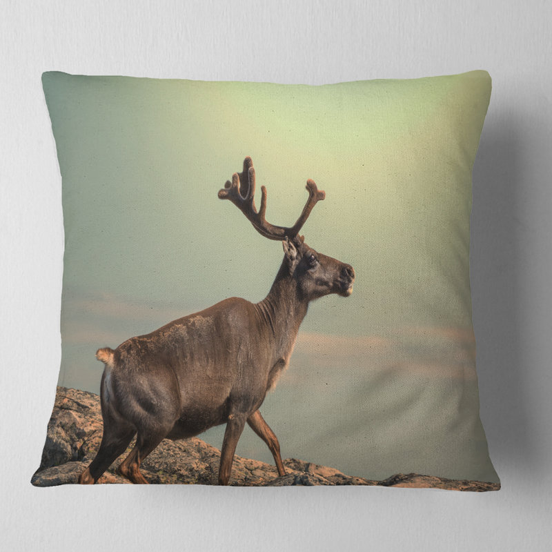 Renne sur le dessus de la montagne - Coussin décoratif à imprimé animal, 18 po x 18 po, Carré