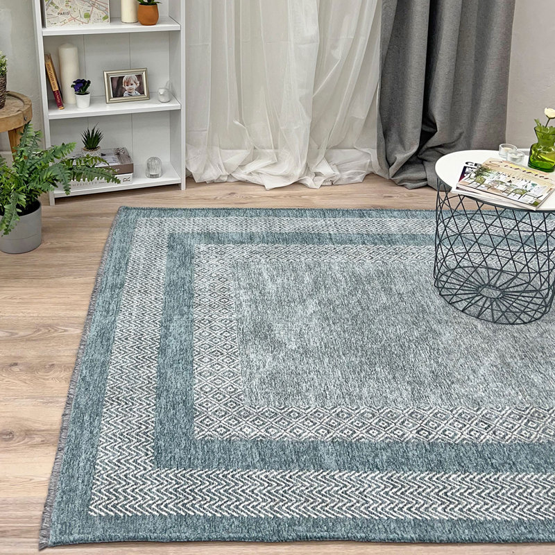 Tapis de salle à manger en coton tissé bleu clair lavable ALFA RICH Janavi, Tapis de couloir 2 pi 6 po x 4 pi 9 po