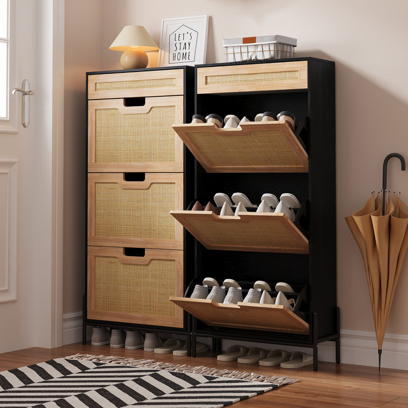 Armoire à chaussures étroite à 6 tiroirs en rotin à l'avant, console de rangement pour chaussures à profondeur cachée avec pieds surélevés en métal, range-chaussures minimaliste Farmhouse pour vestibule de porte d'entrée
