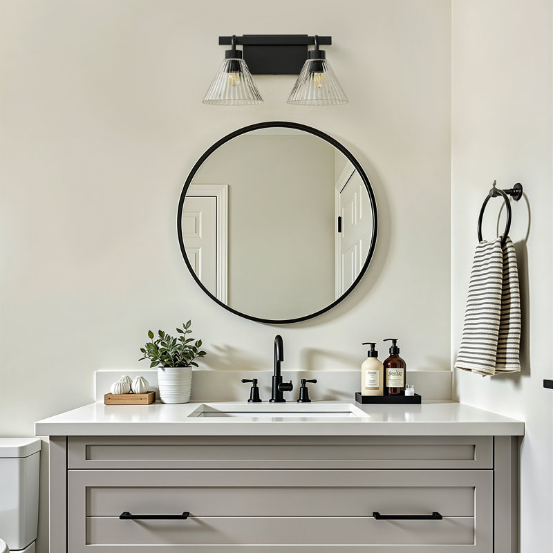Applique murale de salle de bain à 2 lumières avec variateur et abat-jour en verre transparent côtelé, Noir, 2 lumières