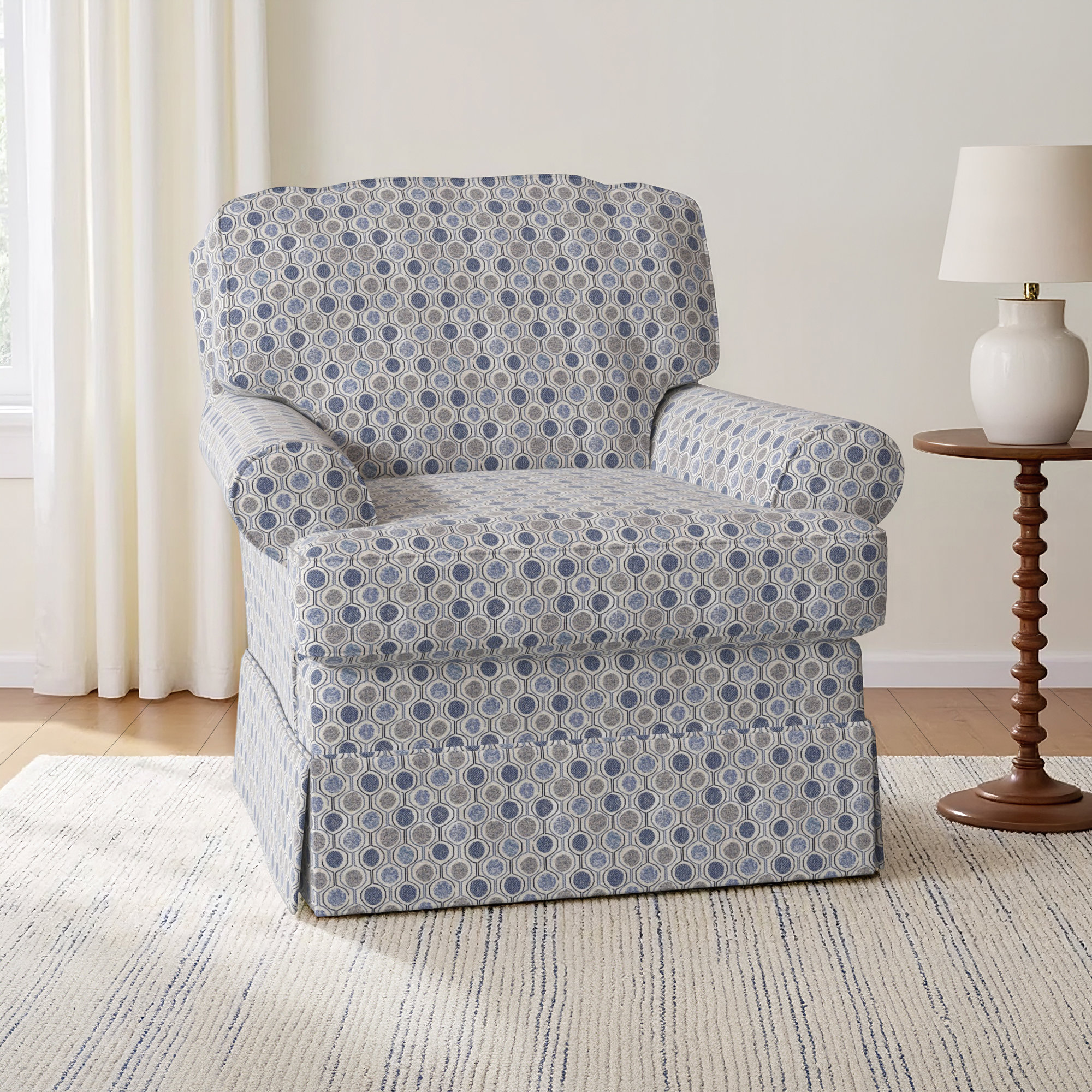 Upholstered Swivel Armchair, Smokey Blue Multicolored Performance