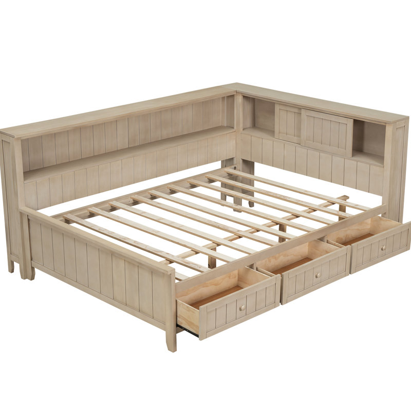 Lit de jour en bois pleine grandeur avec tablette de rangement et 3 tiroirs, apparence de lait blanc antique, solide pour une durabilité accrue