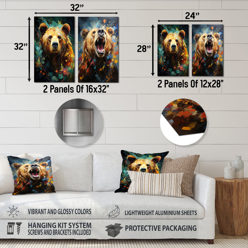 Ensemble de 2 décorations murales en métal Expressionist Grizzly Bear Vigor, H 32 po x l 32 po