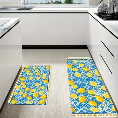 2 Piece Blue Lemon Tile Pattern Flannel Floor Mat Set