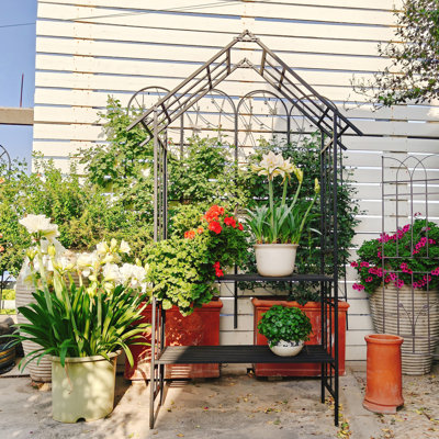 Arche de jardin en métal avec banc et support à fleurs - Support pour plante grimpante noire