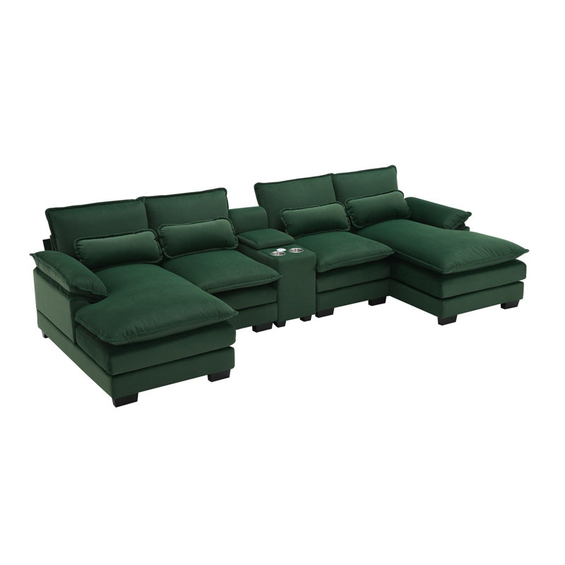 Canapé modulaire rembourré en U avec méridienne Clidie, Velours vert