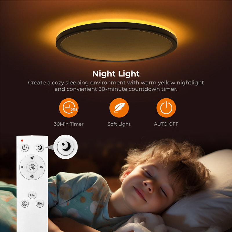 Dimmable LED Flush Mount Ceiling Light with Remote Control Night Light, 0.98" H x 12" W x 12" D, 24 W