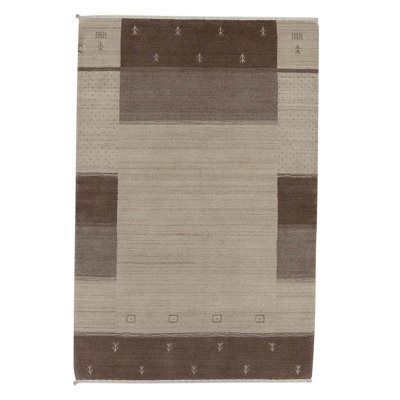 Tapis gris / brun en laine noué à la main de conception unique de 3 pi 9 po x 5 pi 9 po One-of-a-Kind