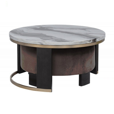 Nesting Coffee Table Set Of 2, Faux Marble Top Round Coffee Table With Ottoman, Modern Living Room Sofa Side Table