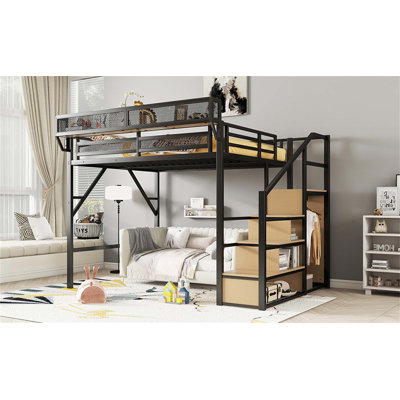 Grand lit mezzanine avec escalier, grand lit mezzanine en métal avec tablettes de rangement, lit mezzanine haut avec garde-robe pour enfants, adolescents et adultes, produits de brevet noir (ancien SKU W2580S00028)