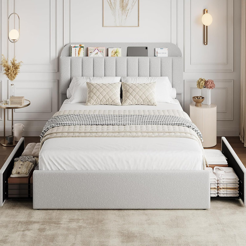 Cadre de lit avec tête de lit avec rangement, cadre de lit avec 2 tiroirs, Gris, Grand lit