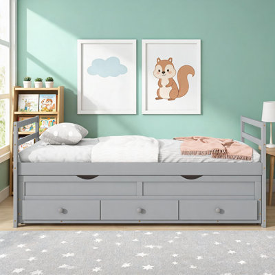 Twin Size Classic Gray Solid Pine Wood Bed with Trundle and Storage Drawers, Traditional Style for Residential Bedrooms
