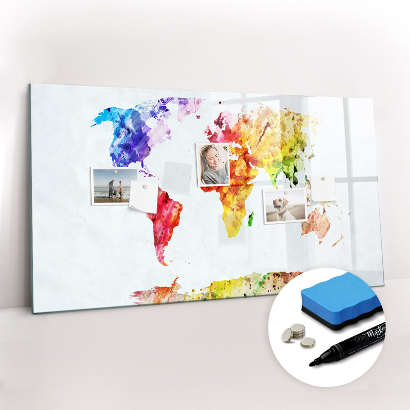 Magnetic Memo Board Whiteboard - 120 x 60 cm - With Marker and Magnets - Watercolor world map
