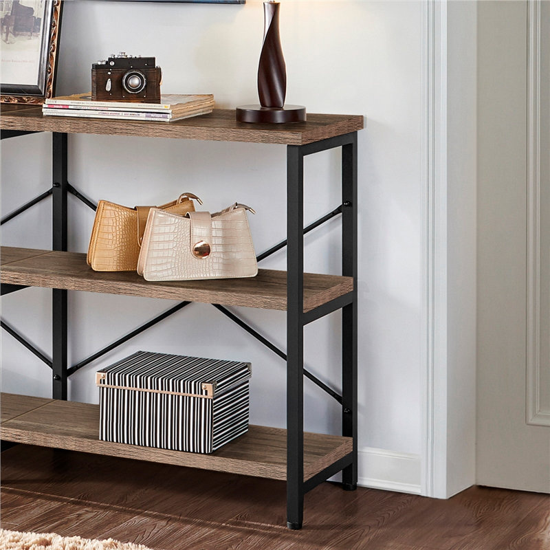 Taupe Wood and Black Metal 3-Tier Industrial Console Table with Storage