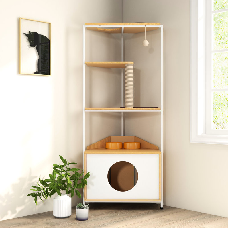 Chat avec poteau à griffer et station d'alimentation, arbre multifonctionnel - blanc + chêne, efficace pour les chats d'intérieur