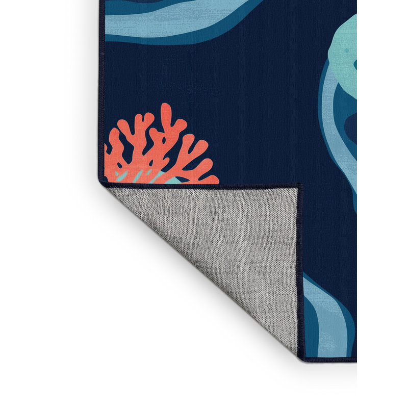 Machine Washable Orkan Great Barrier Reef Contemporary Arc Rug in Blue – Navy Binding, 7x9