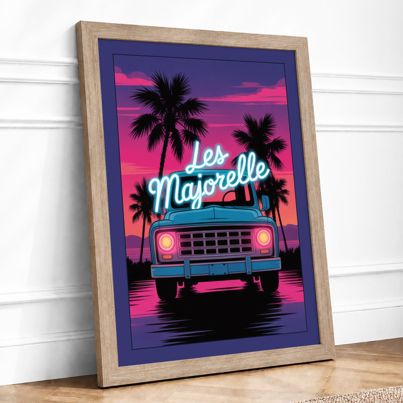 Neon Sunset Truck Retro - Framed Print, A2 - 59.4 x 42.0 cm, Oak