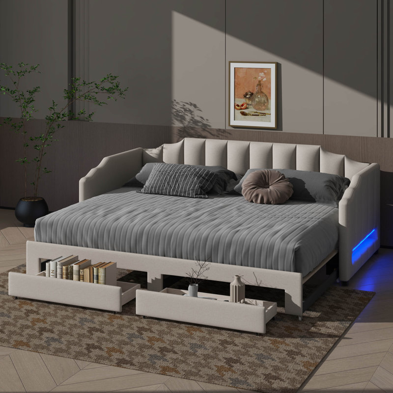 Twin XL Size Daybed With Built-In Compartment & Roll-Out Trundle, Upholstered Daybed With LED Lighting System, Beige