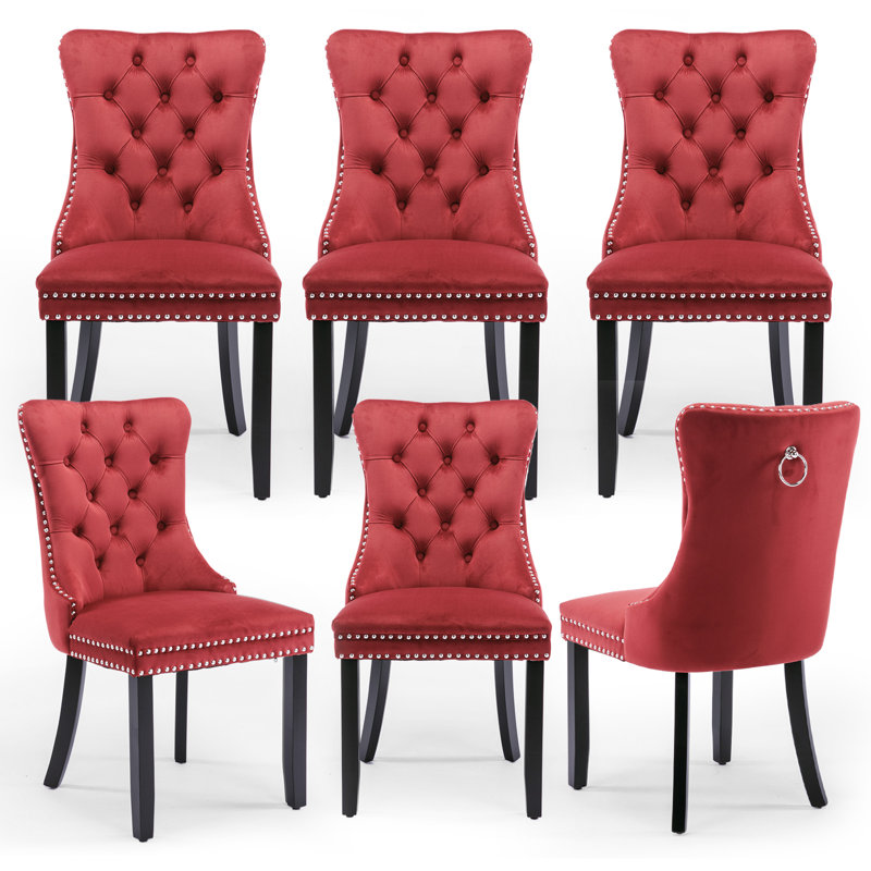Velvet Dining Chair Tufted Dining Room Chair With Solid Wood Leg (set Of 6), Wine Red