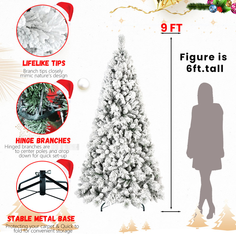Arbre de Noël floqué de 5 pi avec 518 pointes et branches à aiguille dure, configuration à charnières à installation rapide pour les salles de jeux, support en métal, espaces saisonniers, espaces de rangement fixes, décor