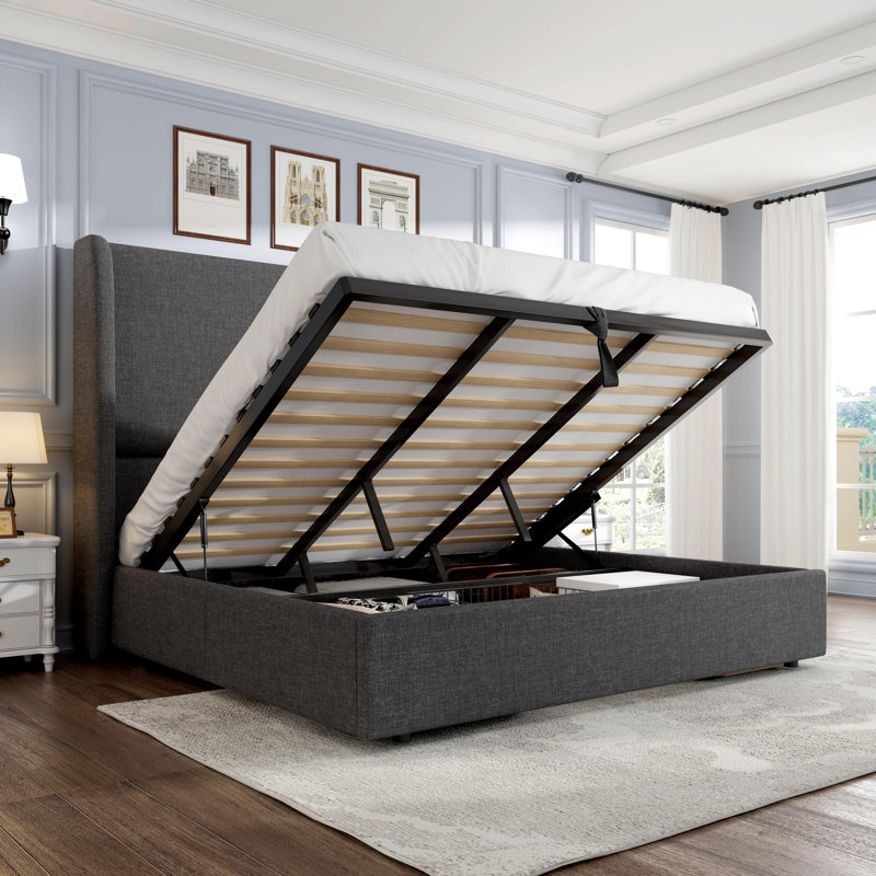 Upholstered Lift-Up Storage Bed with Wingback Headboard, King, Dark Gray