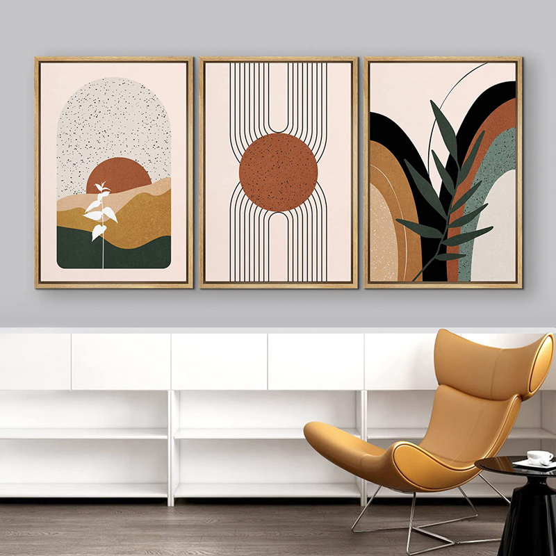 Mid Century Modern Boho IDEA4WALL Framed Canvas Print Wall Art Set Geometric Tropical Landscape Abstract Shapes Illustrations Minimalism Bohemian Decorative For Living Room, Bedroom, Office - 24"X36"X3 Natural