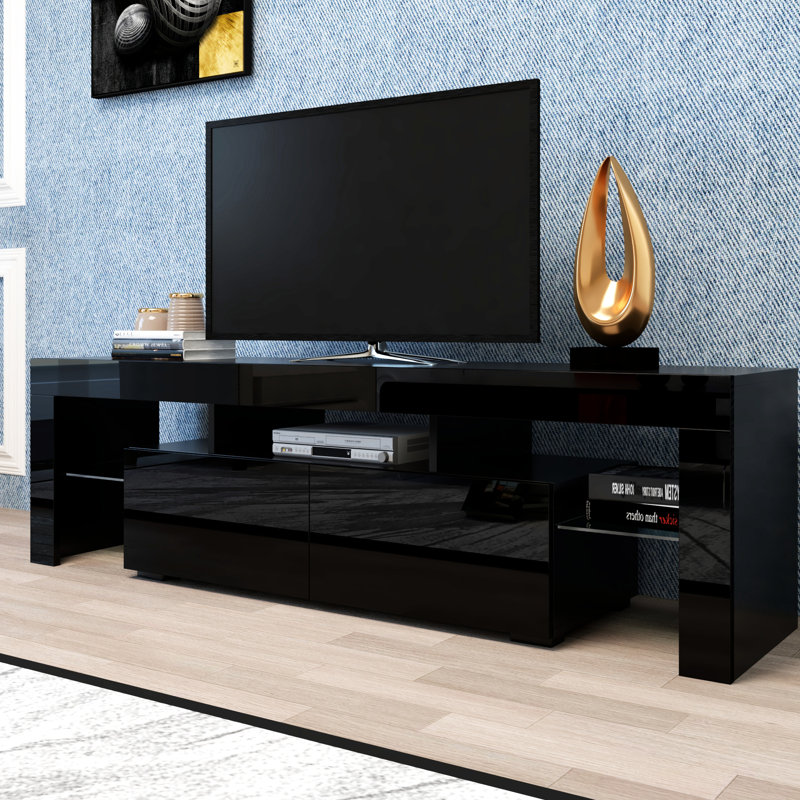 Meuble télé moderne noir avec 20 couleurs de DEL, télécommande pour téléviseurs de 60 à 69 pouces, éclairage à DEL de 60 à 69 po et télécommande, 63 x 13,8 x 17,7 po, poids de 70,6 lb