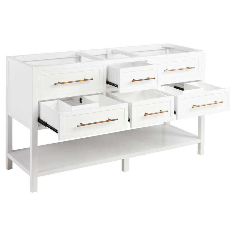 60" Robertson Double Bathroom Vanity Set with Rectangular Undermount Sinks, White, 8" Widespread, Feathered White Quartz