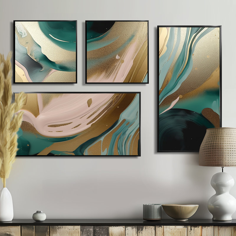 Or et vert marbré Euphoria V - art mural abstrait en marbre 4 pièces, Reproduction encadrée sans passe-partout, Noir