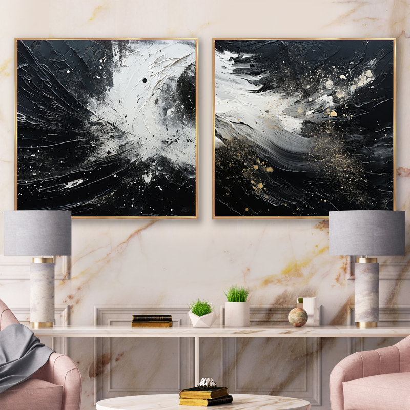Northern Harmony Black Harmony - ensemble de 2 collages carrés de paysages abstraits, H 16 po x l 33 po, Cadre flottant doré