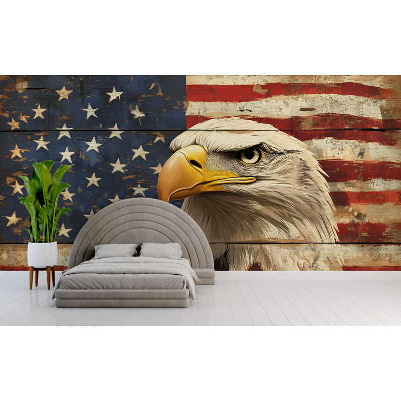 Murale d'aigle chauve rustique avec drapeau américain, L 145 po x l 100 po, Non tissé