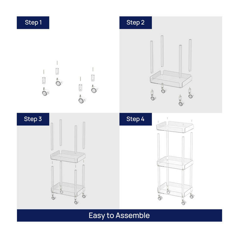 Clear Acrylic 3-Tier Rolling Serving Cart with Lockable Wheels